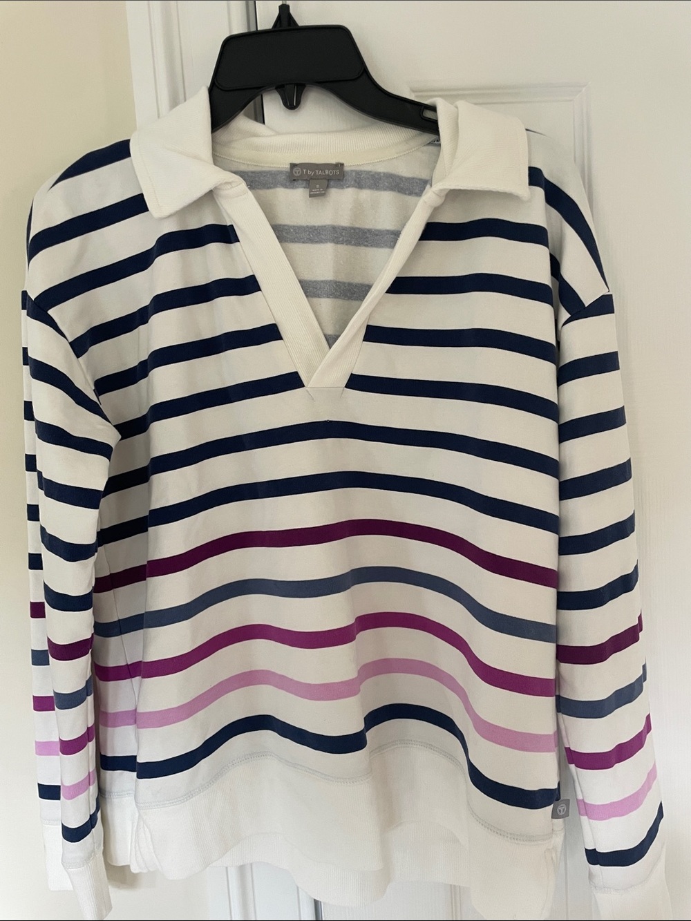 Talbots White Striped Pullover Sweatshirt with Navy and Pink Stripes